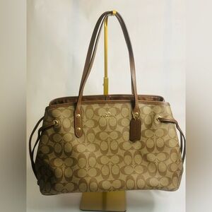 COACH Signature Drawstring Carryall Shoulder Bag Khaki Brown EUC
